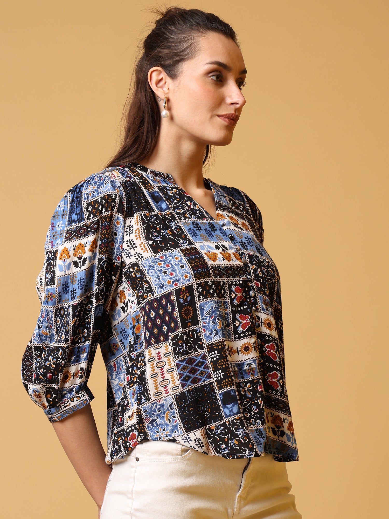 Blue Cotton Geomatric Top