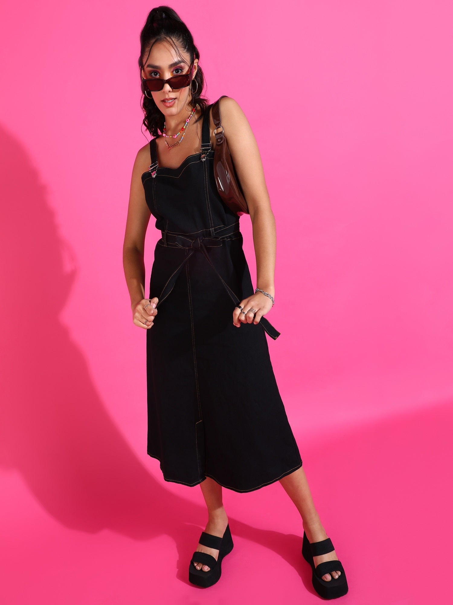 Women A-Line Black Denim Long Dress