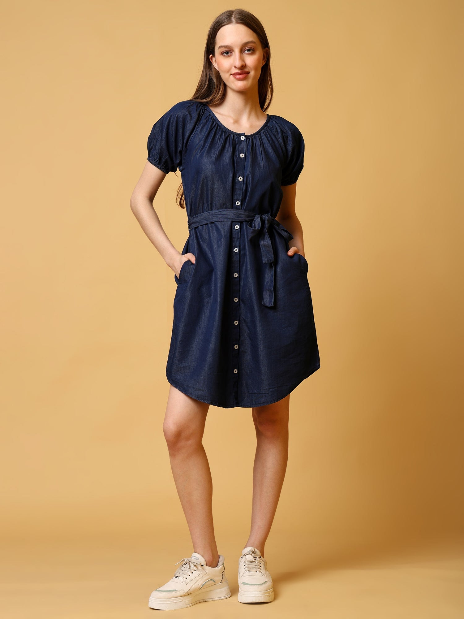 Denim Dark Blue Tunic With Waist Tie-Up