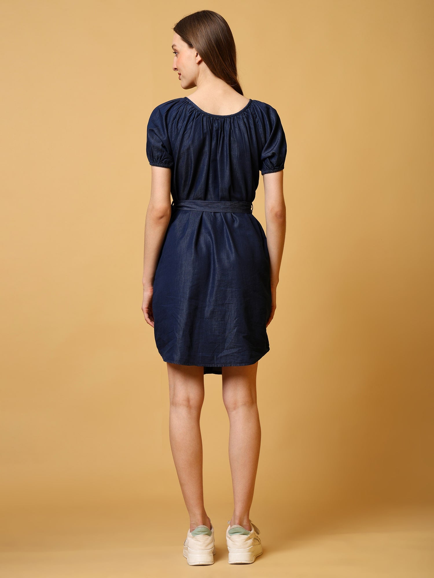 Denim Dark Blue Tunic With Waist Tie-Up