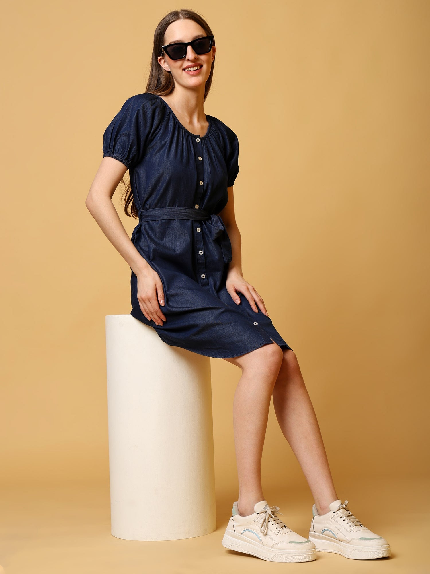 Denim Dark Blue Tunic With Waist Tie-Up